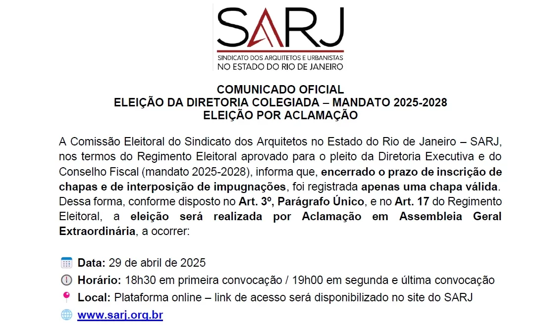 COMUNICADO OFICIAL: ELEIÇÃO DA DIRETORIA COLEGIADA – MANDATO 2025-2028